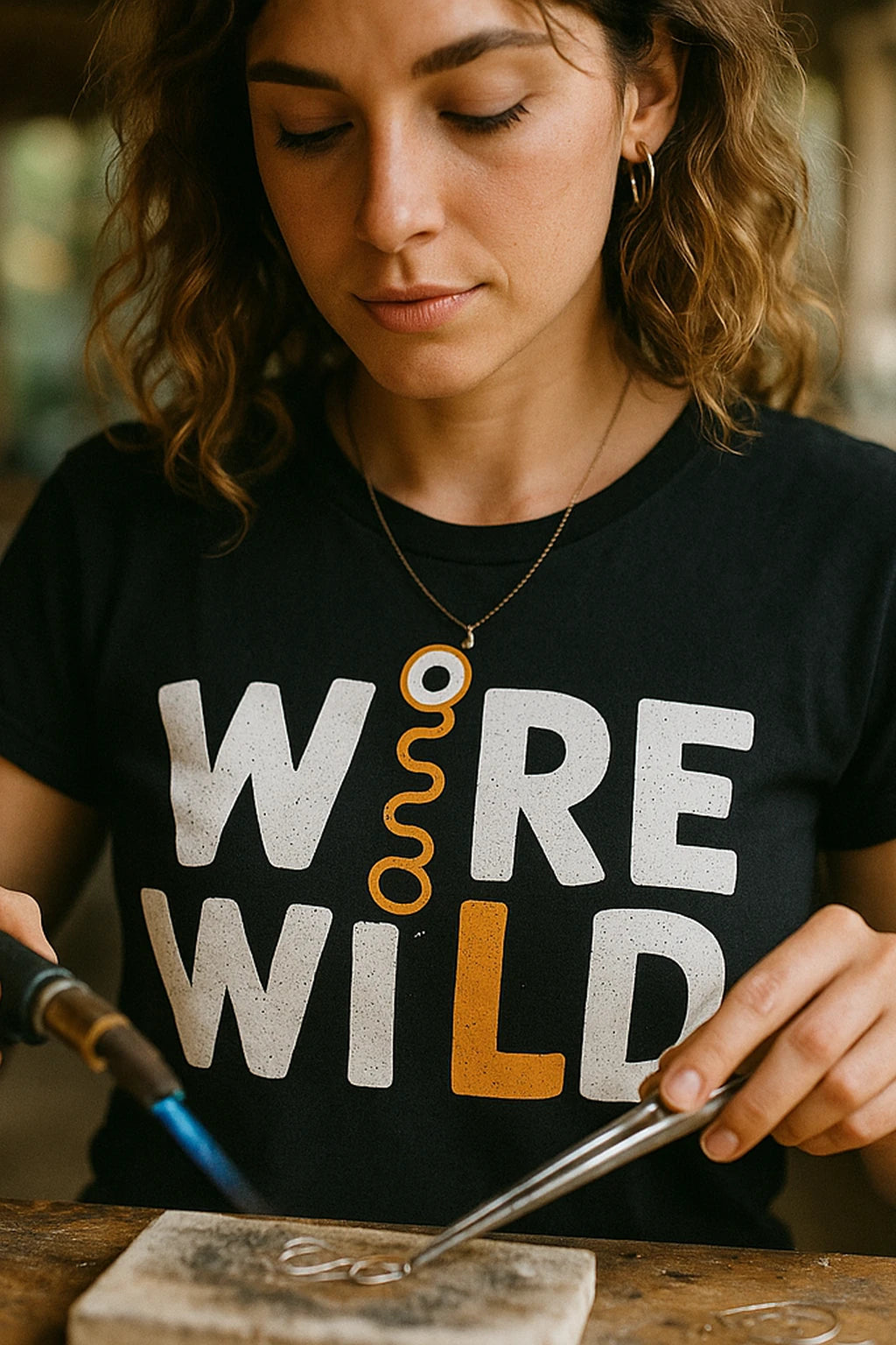"Wire Wild" black jewelry making t shirt, photographed as jewelry making lover gift
