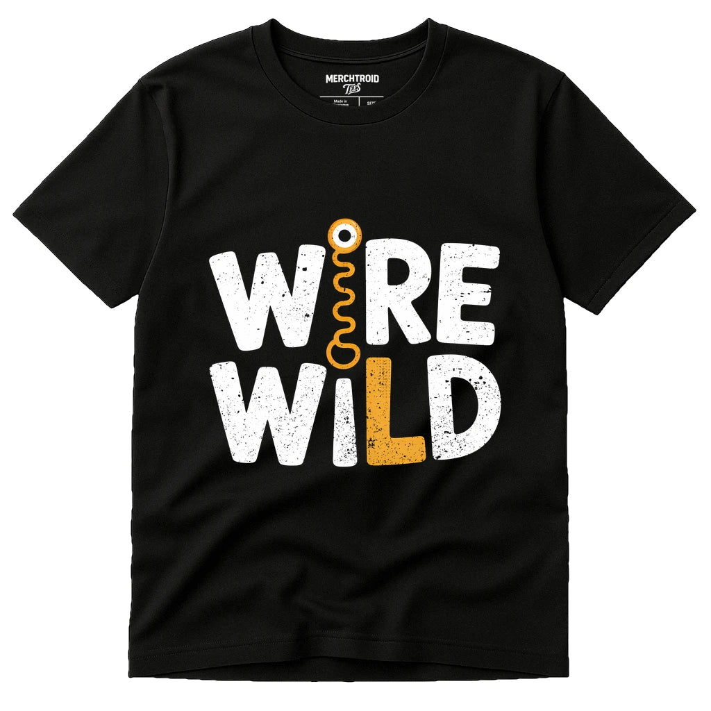 Black Jewelry Making T Shirt - "Wire Wild" graphic tee with white print, flat lay product photo