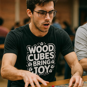 "Wood Cubes Bring Joy" black board game shirts - also one of the gifts for someone who loves board games
