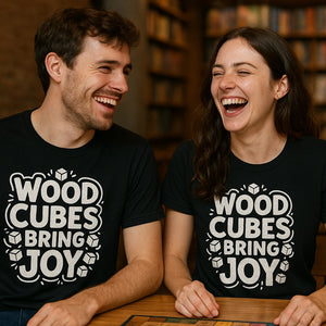Person wearing the black board game shirts graphic tee - "Wood Cubes Bring Joy" design