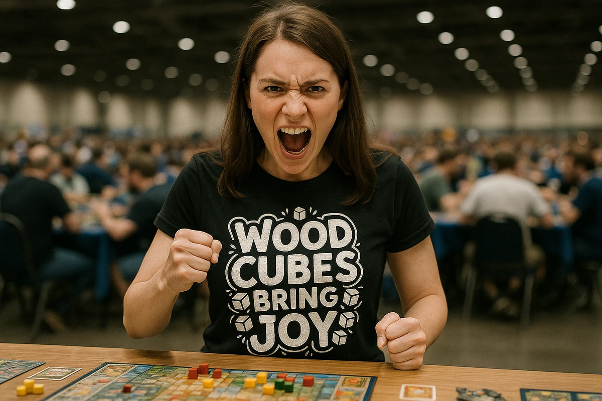 Lifestyle shot of the "Wood Cubes Bring Joy" black board game shirts in a real-world setting