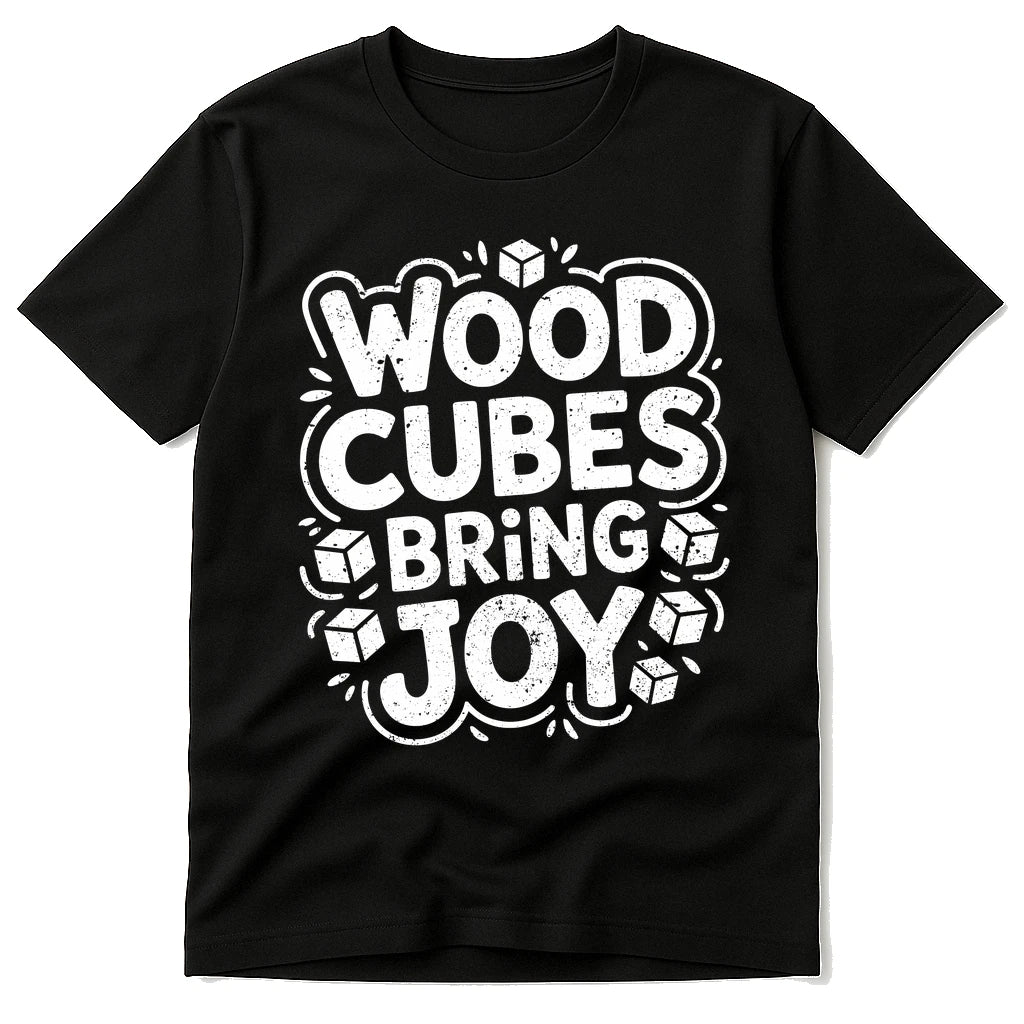 Black Board Game Shirts - "Wood Cubes Bring Joy" graphic tee with white print, flat lay product photo