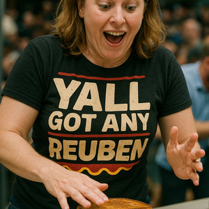 "Yall Got Any Reuben" black sandwich t shirt, photographed as gifts for sandwich lovers