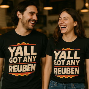 Person wearing the black sandwich t shirt graphic tee - "Yall Got Any Reuben" design