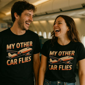 Person wearing the black airplane t shirt graphic tee - "My Other Car Flies" design