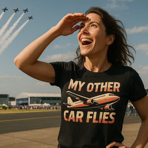 Lifestyle shot of the "My Other Car Flies" black airplane t shirt in a real-world setting