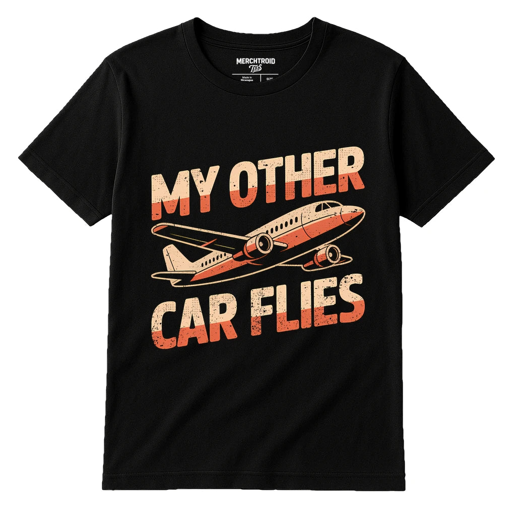 Black Airplane T Shirt - "My Other Car Flies" graphic tee with beige print, flat lay product photo