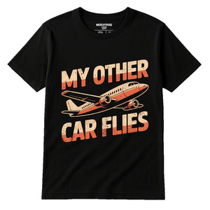 Black Airplane T Shirt - "My Other Car Flies" graphic tee with beige print, flat lay product photo