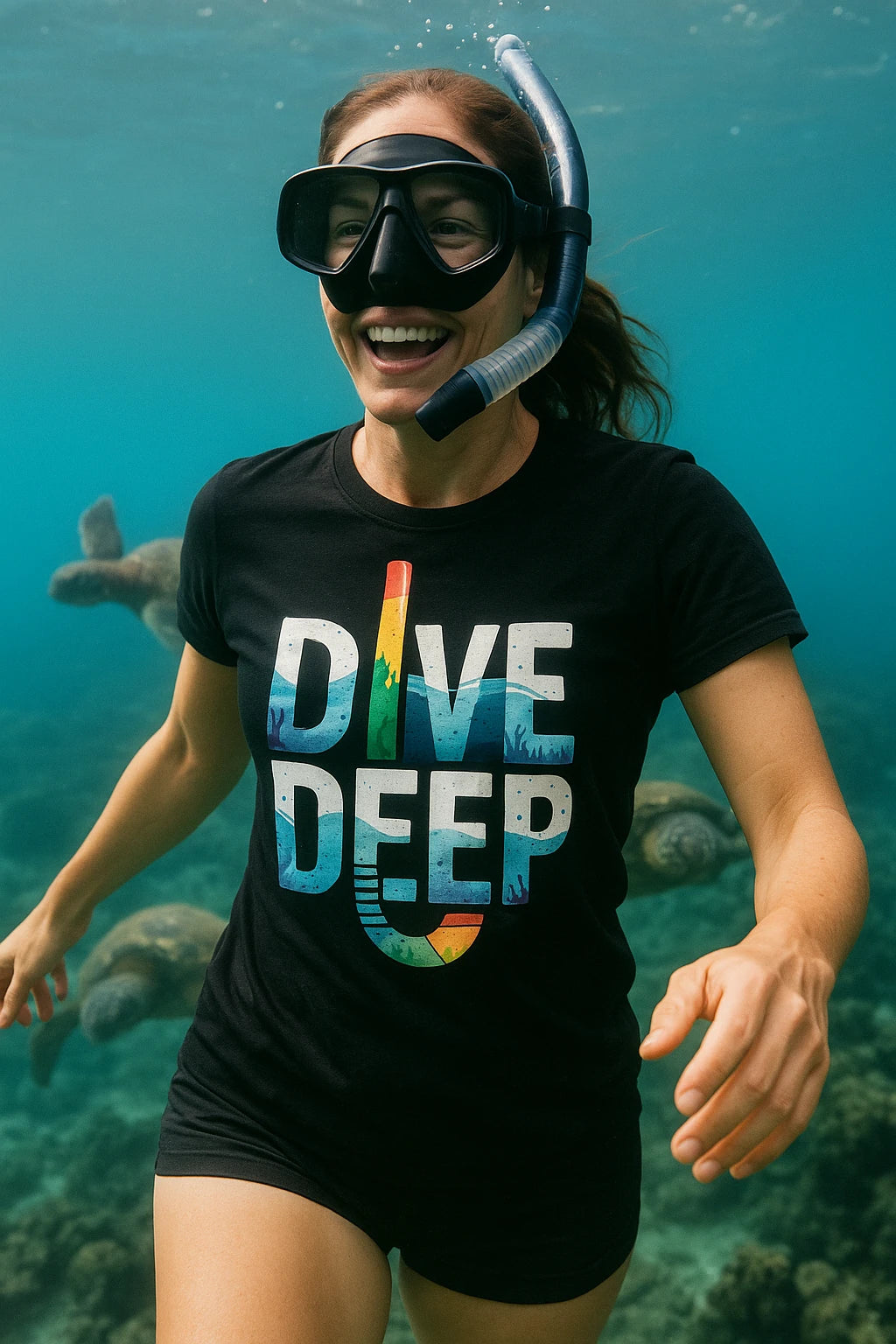"Dive Deep" black snorkeling shirts - also a wet shirt for snorkeling