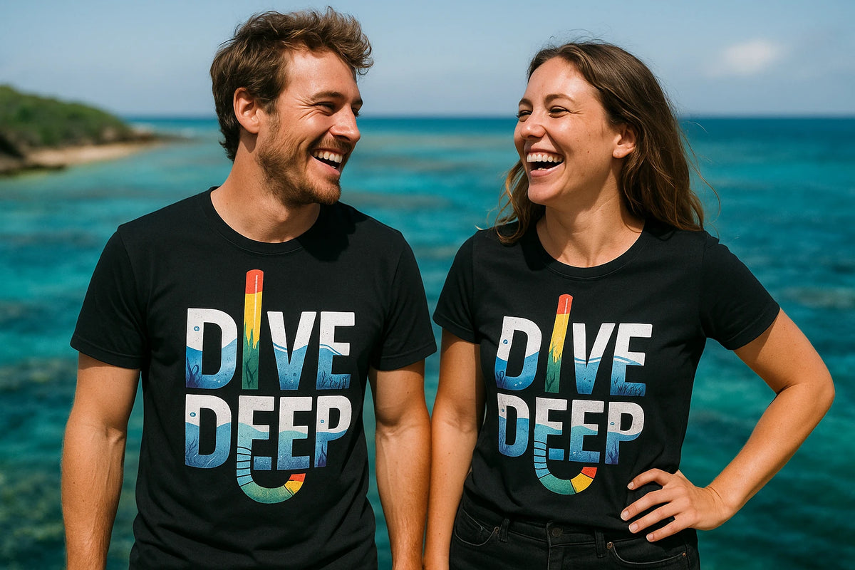 Person wearing the black snorkeling shirts graphic tee - "Dive Deep" design