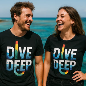 Person wearing the black snorkeling shirts graphic tee - "Dive Deep" design