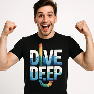 Close-up of the "Dive Deep" gray print on a premium Bella+Canvas black snorkeling shirts