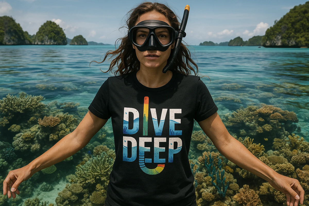 Lifestyle shot of the "Dive Deep" black snorkeling shirts in a real-world setting