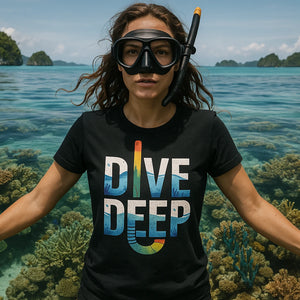 Lifestyle shot of the "Dive Deep" black snorkeling shirts in a real-world setting