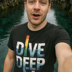 "Dive Deep" black snorkeling shirts, photographed as gift for snorkeling lover