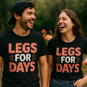 Lifestyle shot of the "Legs for Days" black flamingo shirts in a real-world setting