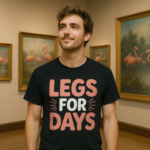 Close-up of the "Legs for Days" pink print on a premium Bella+Canvas black flamingo shirts