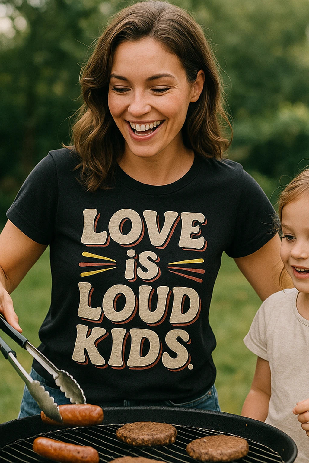 "Love Is Loud Kids" black family life t shirt, photographed as family life lover gift