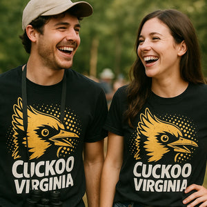 Person wearing the black t shirt cuckoo graphic tee - "Cuckoo Virginia" design
