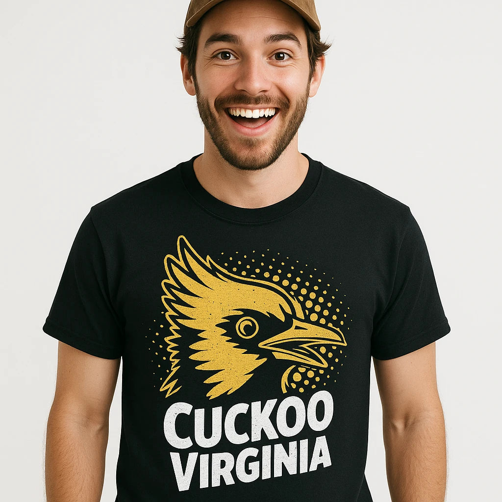 Close-up of the "Cuckoo Virginia" gold print on a premium Bella+Canvas black t shirt cuckoo