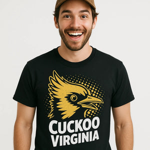Close-up of the "Cuckoo Virginia" gold print on a premium Bella+Canvas black t shirt cuckoo