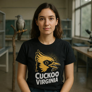 Lifestyle shot of the "Cuckoo Virginia" black t shirt cuckoo in a real-world setting