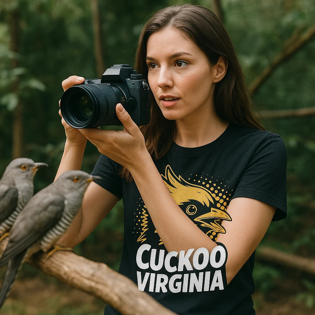 "Cuckoo Virginia" black t shirt cuckoo, photographed as cuckoo lover gift