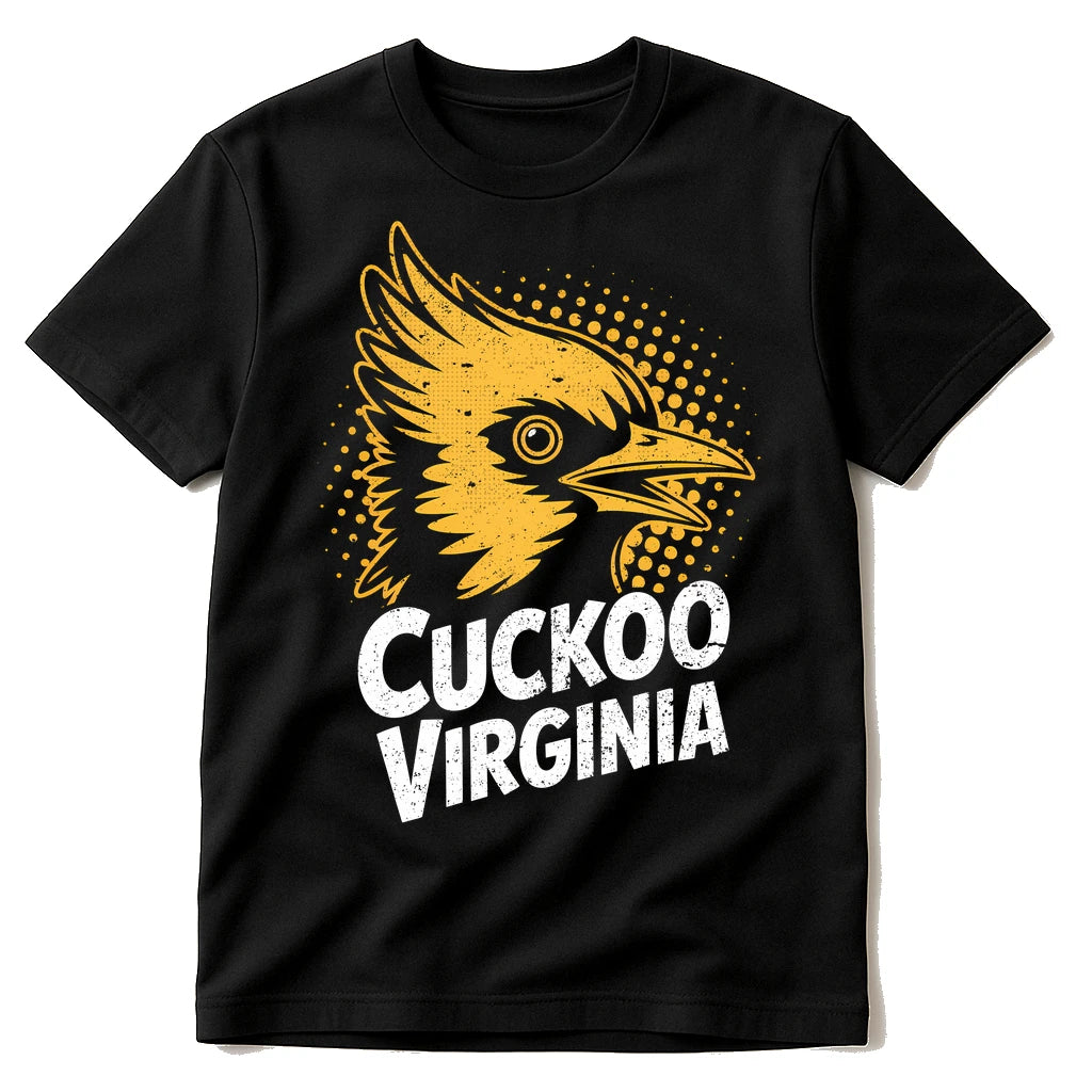 Black T Shirt Cuckoo - "Cuckoo Virginia" graphic tee with gold print, flat lay product photo