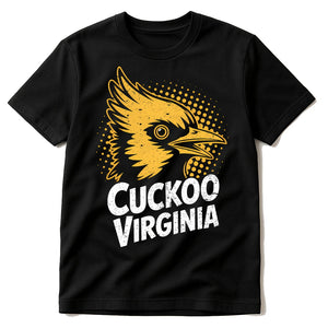 Black T Shirt Cuckoo - "Cuckoo Virginia" graphic tee with gold print, flat lay product photo