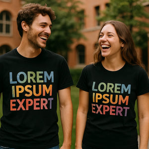 Person wearing the black graphic design t shirt graphic tee - "Lorem Ipsum Expert" design