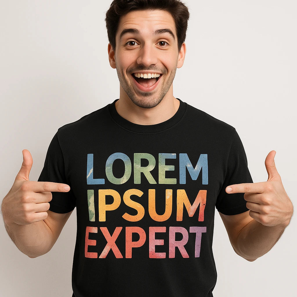 Close-up of the "Lorem Ipsum Expert" tan print on a premium Bella+Canvas black graphic design t shirt