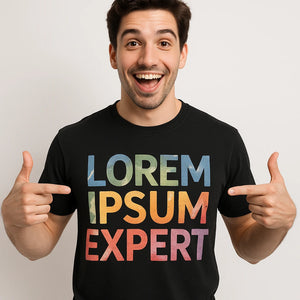 Close-up of the "Lorem Ipsum Expert" tan print on a premium Bella+Canvas black graphic design t shirt