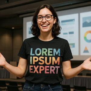 Lifestyle shot of the "Lorem Ipsum Expert" black graphic design t shirt in a real-world setting