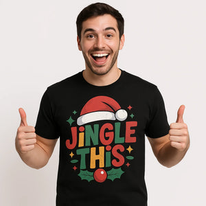 Close-up of the "Jingle This" orange print on a premium Bella+Canvas black womens christmas tshirt