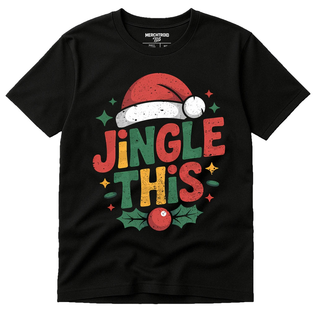 Black Womens Christmas Tshirt - "Jingle This" graphic tee with orange print, flat lay product photo