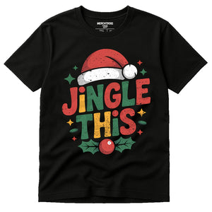 Black Womens Christmas Tshirt - "Jingle This" graphic tee with orange print, flat lay product photo