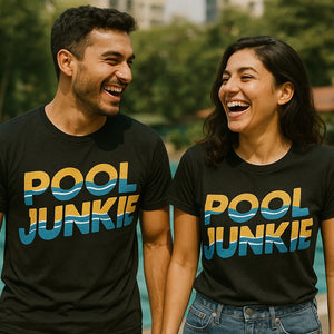 Person wearing the black women's uv shirts for swimming graphic tee - "Pool Junkie" design