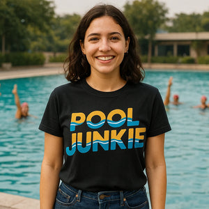 Lifestyle shot of the "Pool Junkie" black women's uv shirts for swimming in a real-world setting