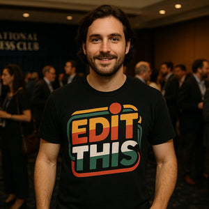 Lifestyle shot of the "Edit This" black journalist t shirt in a real-world setting