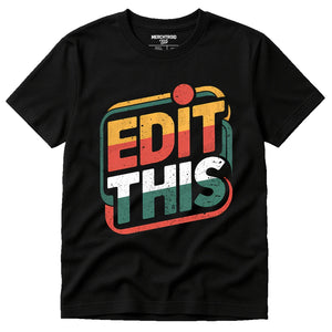 Black Journalist T Shirt - "Edit This" graphic tee with tan print, flat lay product photo