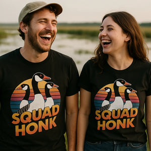 Person wearing the black geese t shirt graphic tee - "Squad Honk" design
