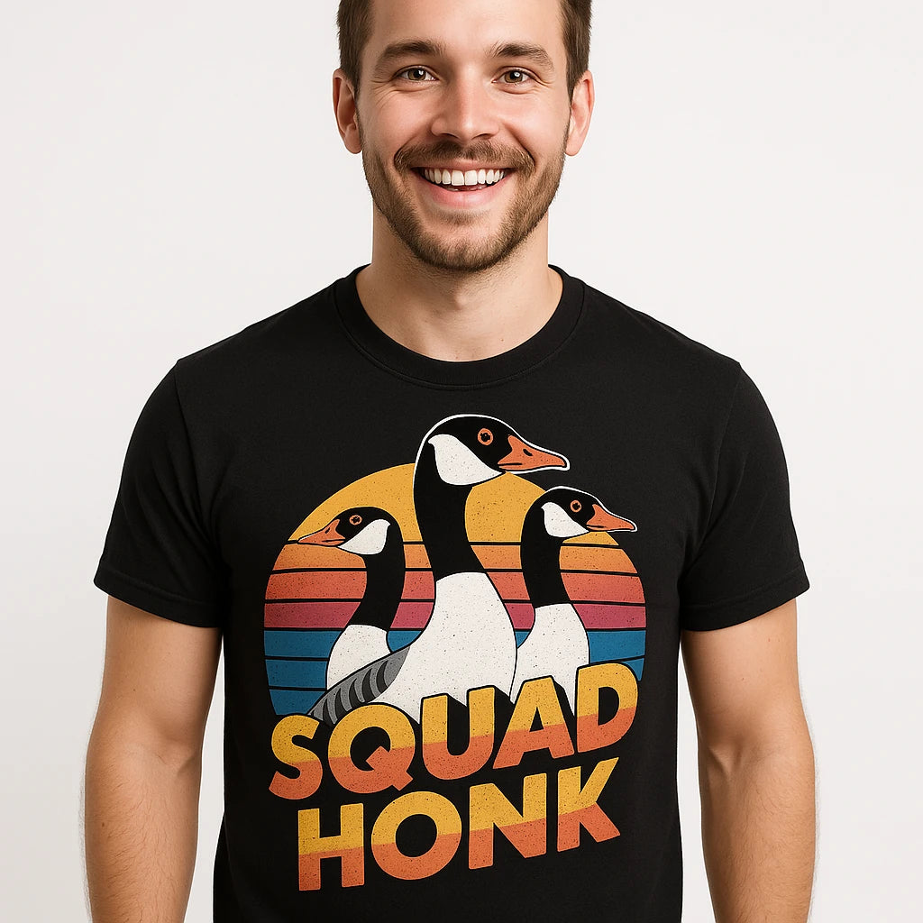 Close-up of the "Squad Honk" gold print on a premium Bella+Canvas black geese t shirt