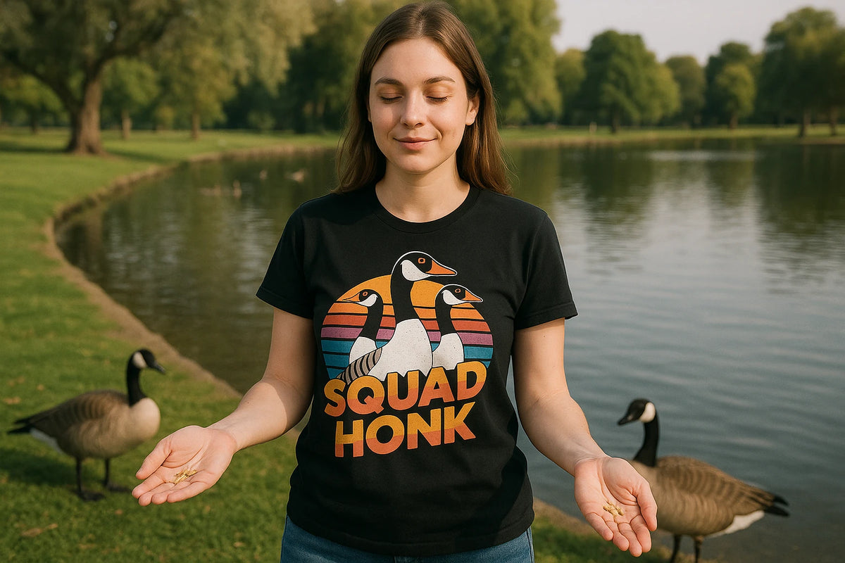 Lifestyle shot of the "Squad Honk" black geese t shirt in a real-world setting