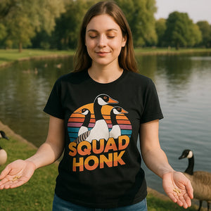Lifestyle shot of the "Squad Honk" black geese t shirt in a real-world setting