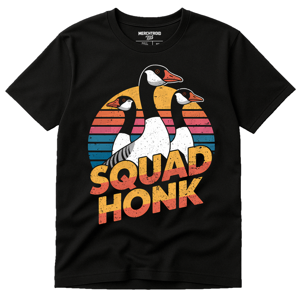 Black Geese T Shirt - "Squad Honk" graphic tee with gold print, flat lay product photo