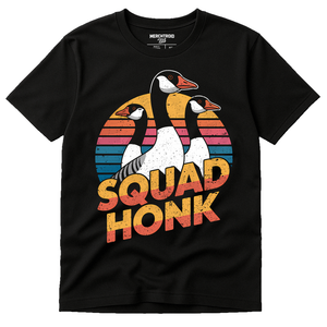 Black Geese T Shirt - "Squad Honk" graphic tee with gold print, flat lay product photo