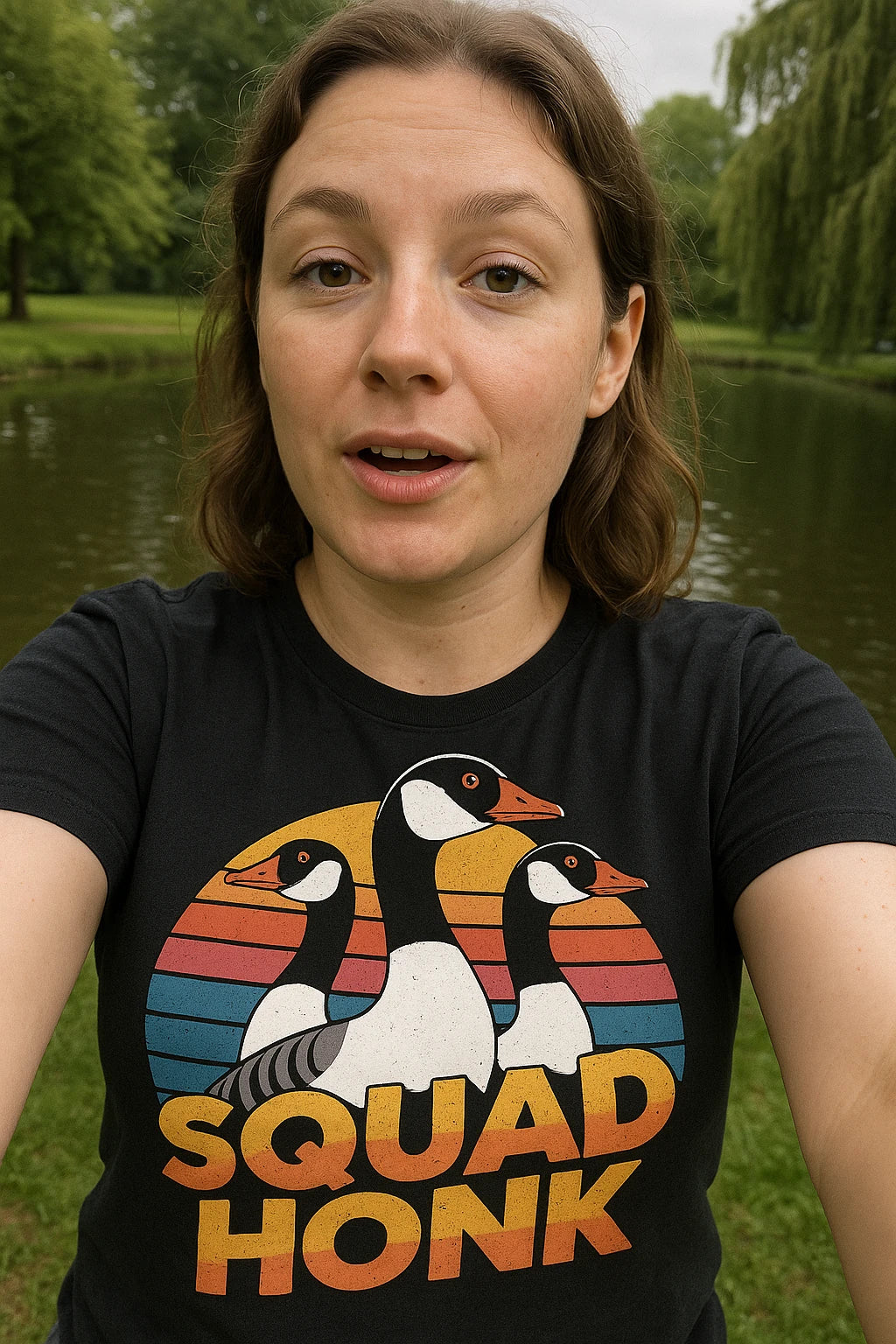 "Squad Honk" black geese t shirt, photographed as geese lover gift
