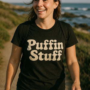 "Puffin Stuff" black birdwatching t shirt - also one of the best gifts for bird watchers