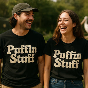 Person wearing the black birdwatching t shirt graphic tee - "Puffin Stuff" design