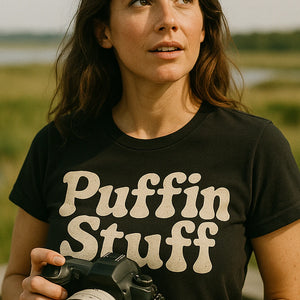 "Puffin Stuff" black birdwatching t shirt - also a gift ideas for a bird watcher